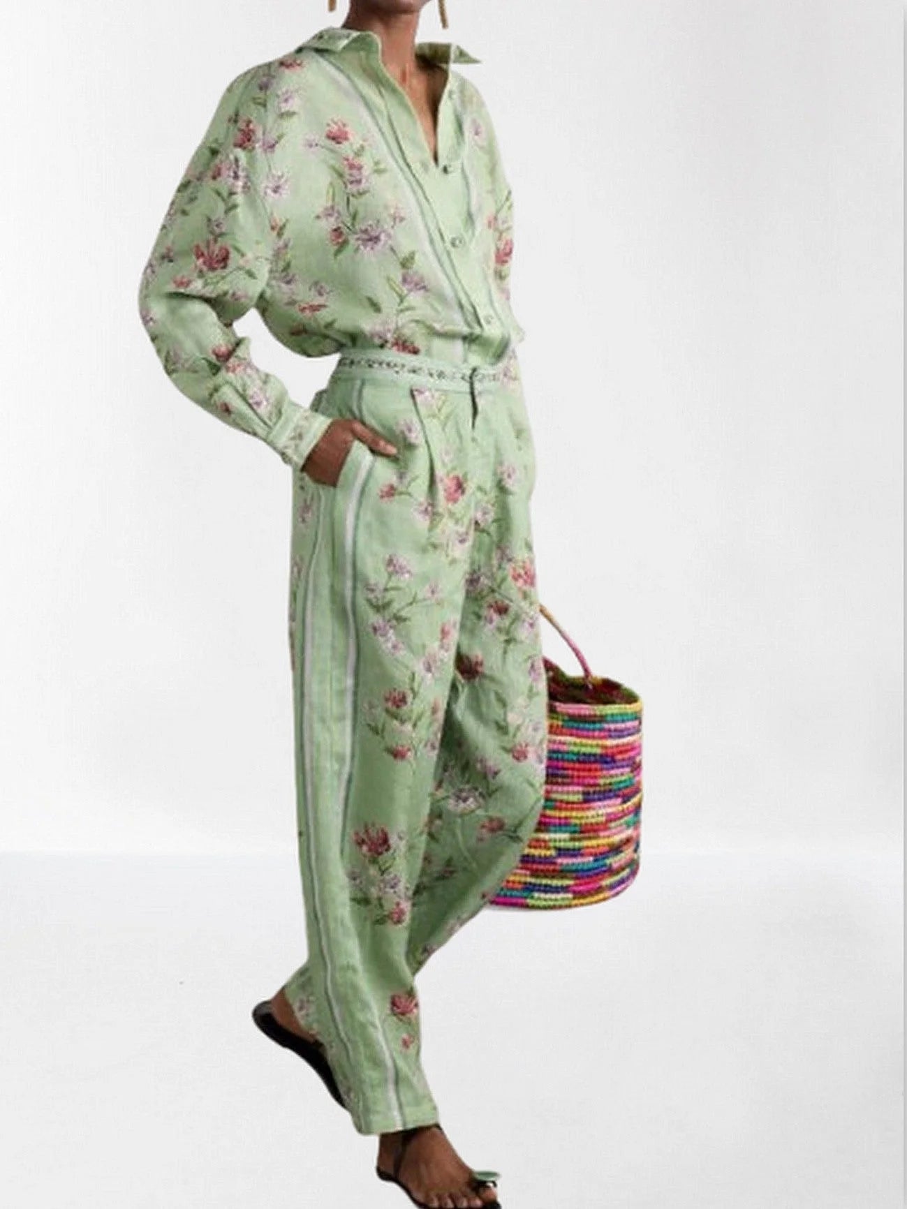 Floral-Printed Long Green Linen Shirt - Tops