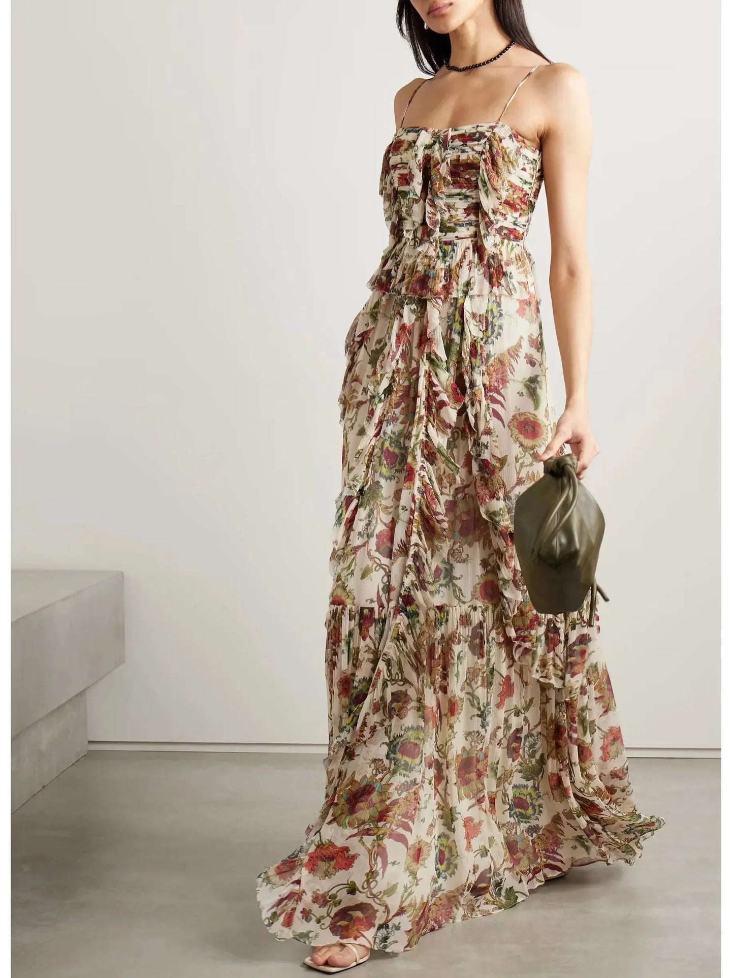 Floral Printed Multicolor Silk Maxi Dress - Dresses