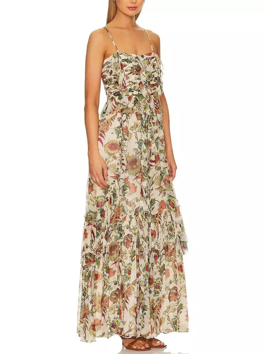 Floral Printed Multicolor Silk Maxi Dress - Dresses