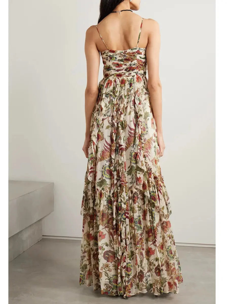 Floral Printed Multicolor Silk Maxi Dress - Dresses