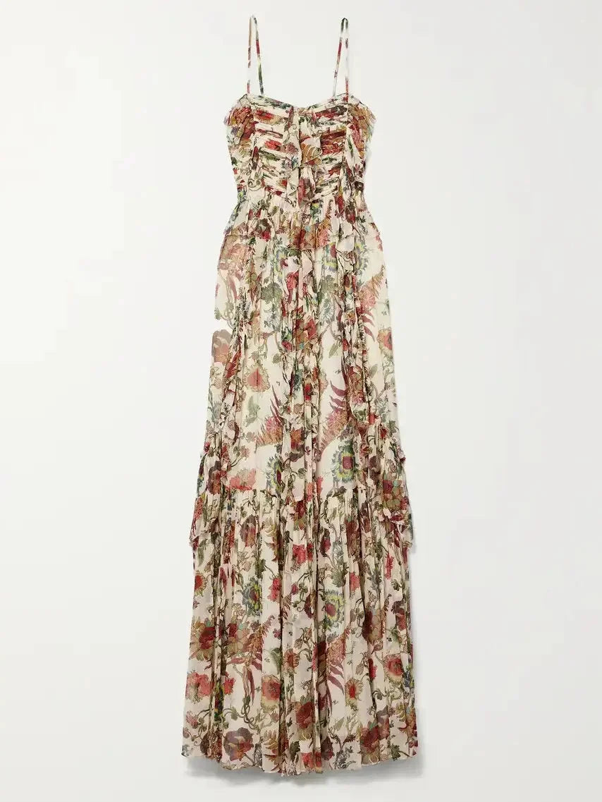Floral Printed Multicolor Silk Maxi Dress - Dresses