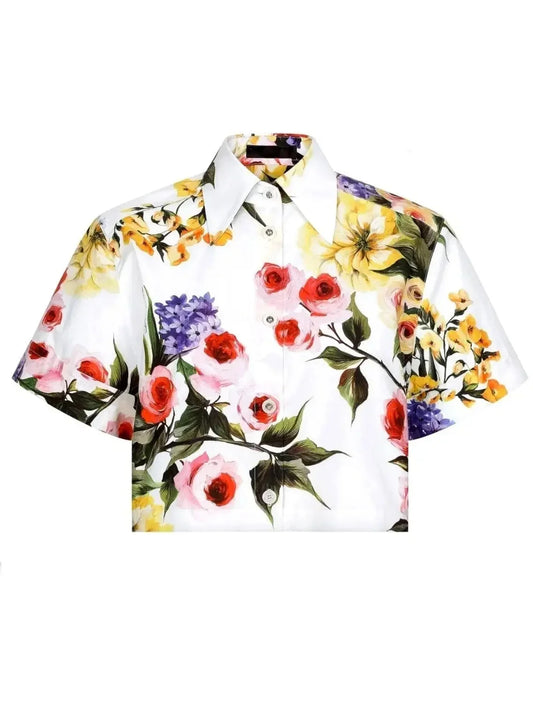 Floral Printed Short Cotton Shirt and Skirt Set - Suits & Sets