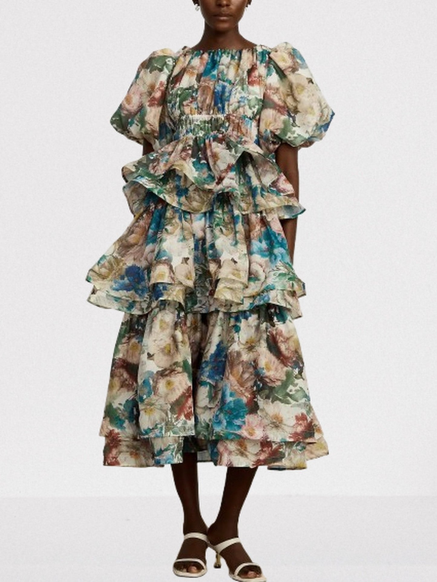 Floral Printed Tiered Puff-Sleeve Midi Dress - Dresses