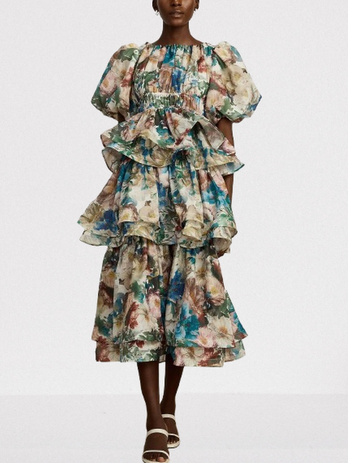 Floral Printed Tiered Puff-Sleeve Midi Dress - Dresses