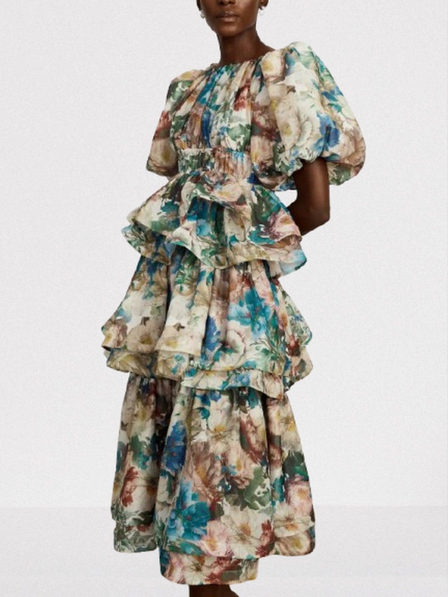 Floral Printed Tiered Puff-Sleeve Midi Dress - Dresses