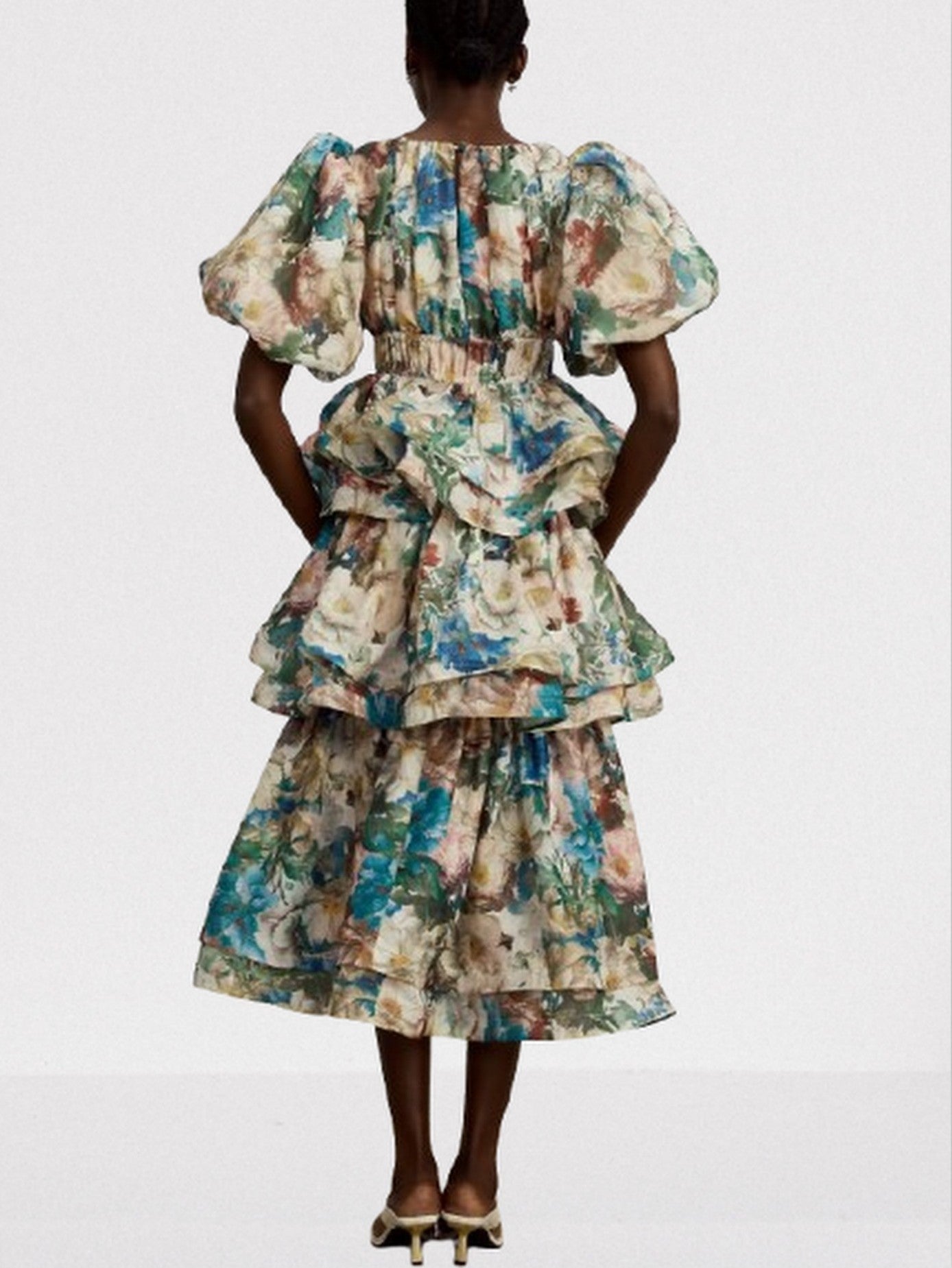 Floral Printed Tiered Puff-Sleeve Midi Dress - Dresses