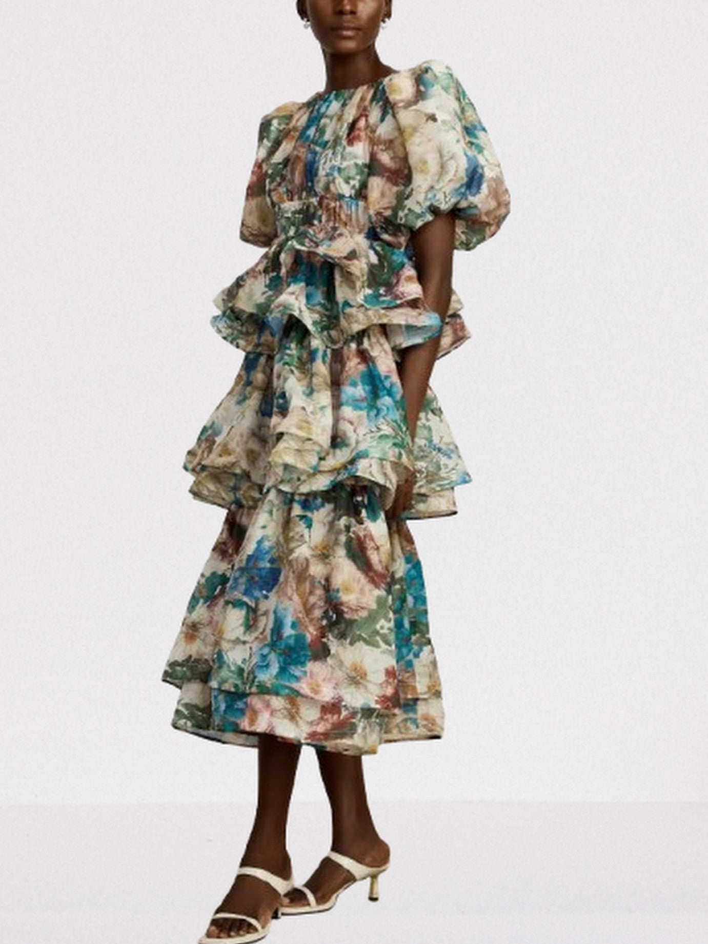 Floral Printed Tiered Puff-Sleeve Midi Dress - Dresses