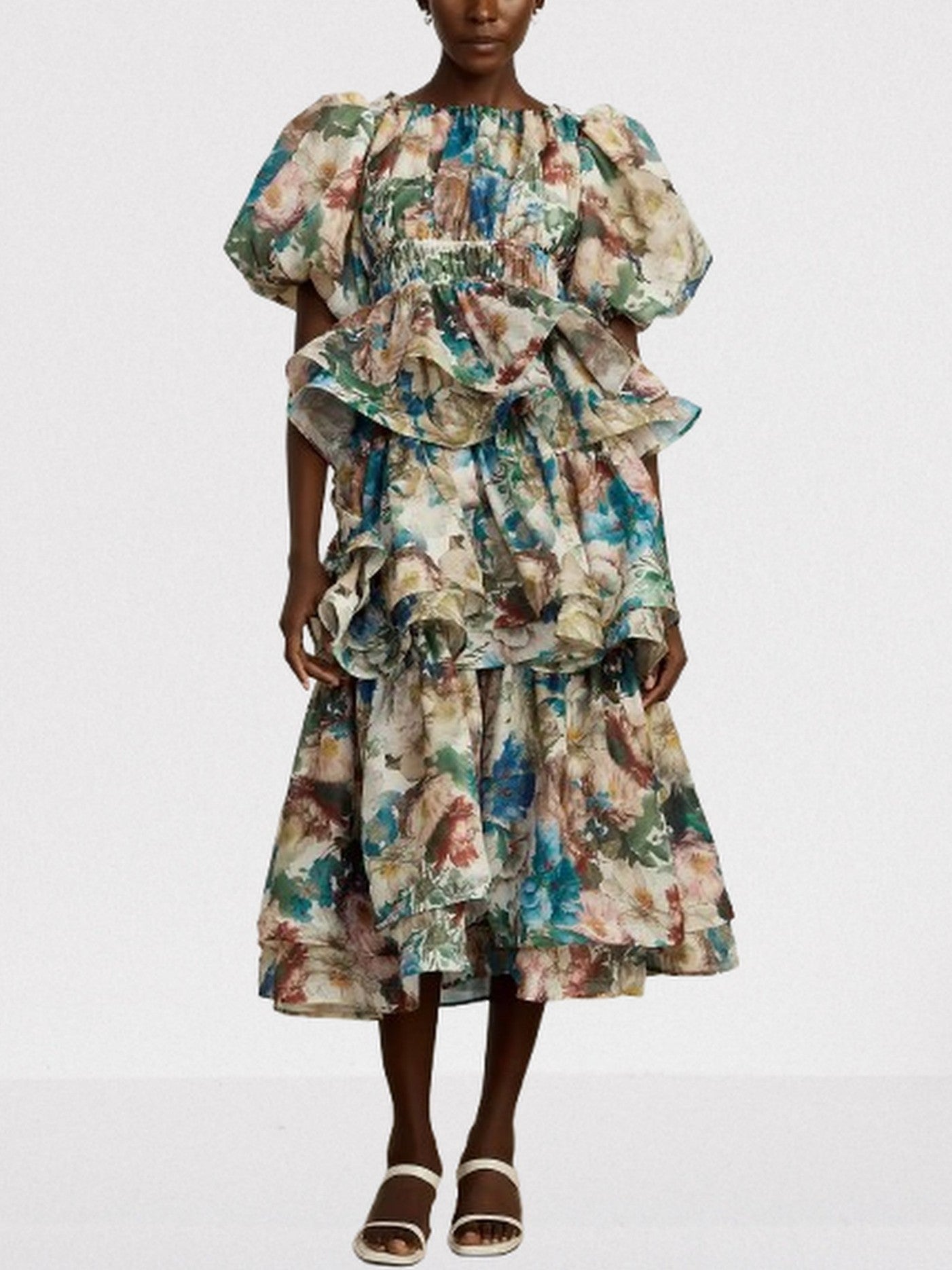 Floral Printed Tiered Puff-Sleeve Midi Dress - Dresses