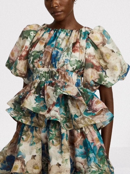 Floral Printed Tiered Puff-Sleeve Midi Dress - Dresses