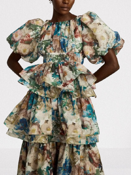 Floral Printed Tiered Puff-Sleeve Midi Dress - Dresses