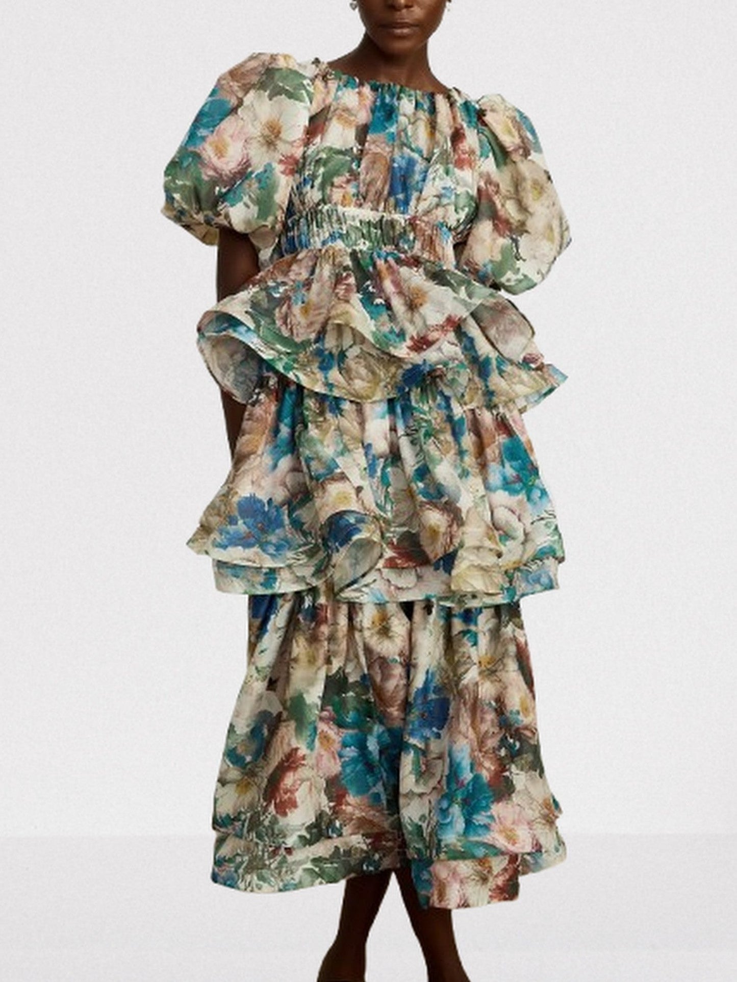 Floral Printed Tiered Puff-Sleeve Midi Dress - Dresses