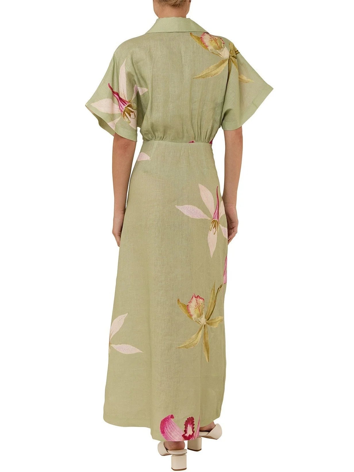 Floral Printed V-Neck Long Linen Dress - Dresses