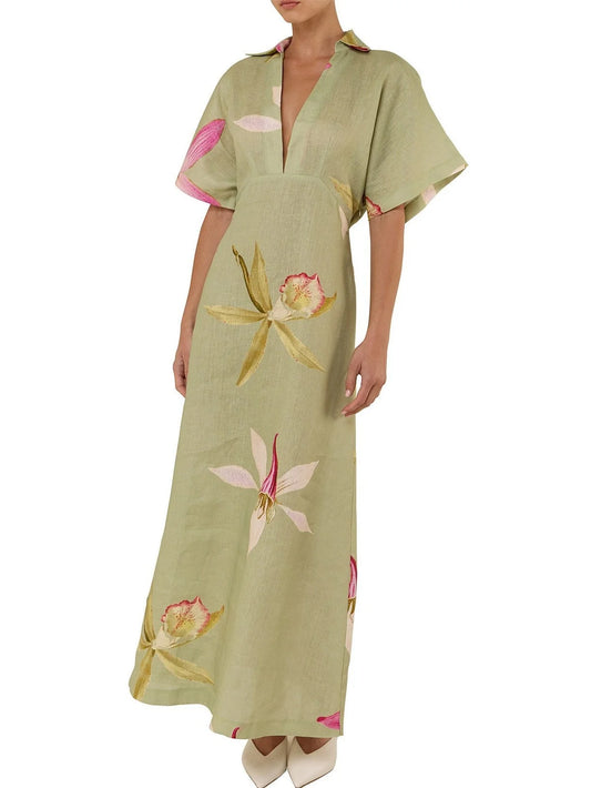 Floral Printed V-Neck Long Linen Dress - Dresses