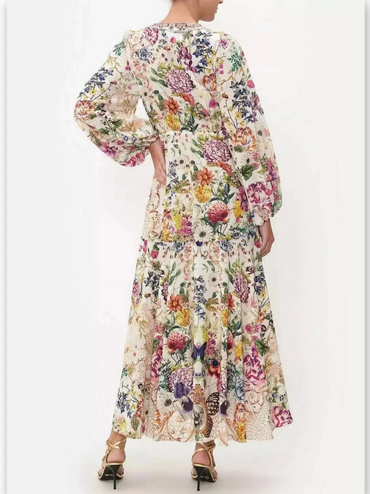 Floral Printed Wrap Tie Silk Dress with Blouson Sleeves - Dresses