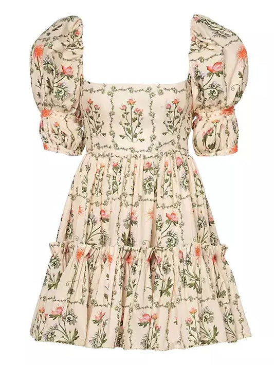 Floral Puff-Sleeve Frill Cotton Mini Dress featuring puff sleeves and a vibrant floral print