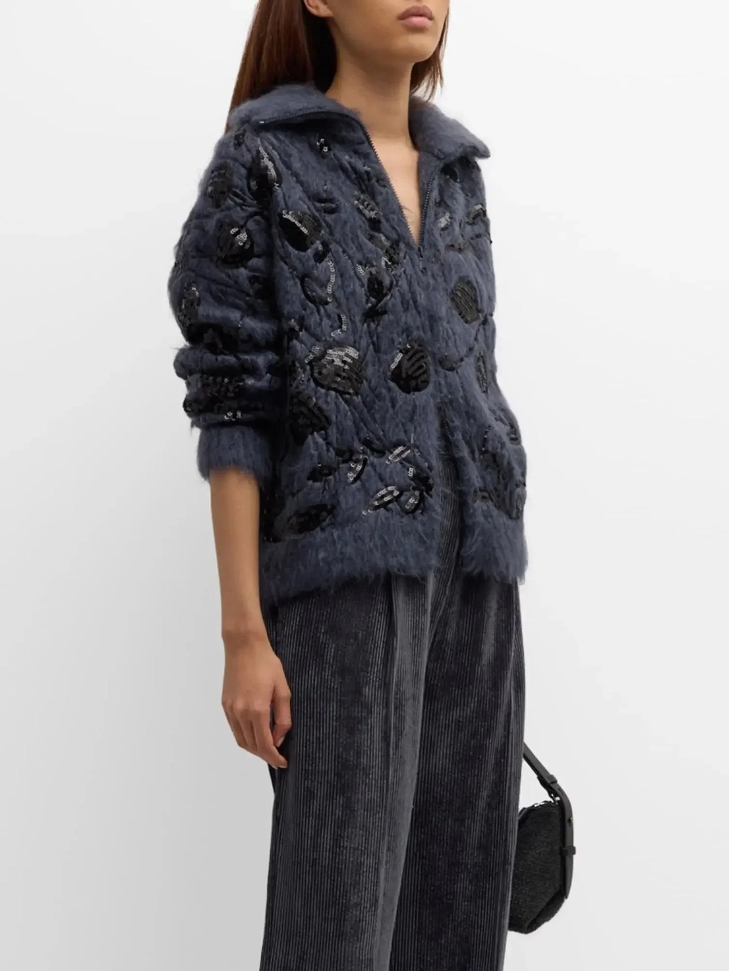 Floral Sequin Mohair and Wool Zip Cardigan Sweater - Sweaters & Knitwear