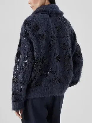 Floral Sequin Mohair and Wool Zip Cardigan Sweater - Sweaters & Knitwear