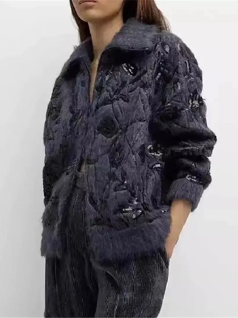Floral Sequin Mohair and Wool Zip Cardigan Sweater - Sweaters & Knitwear