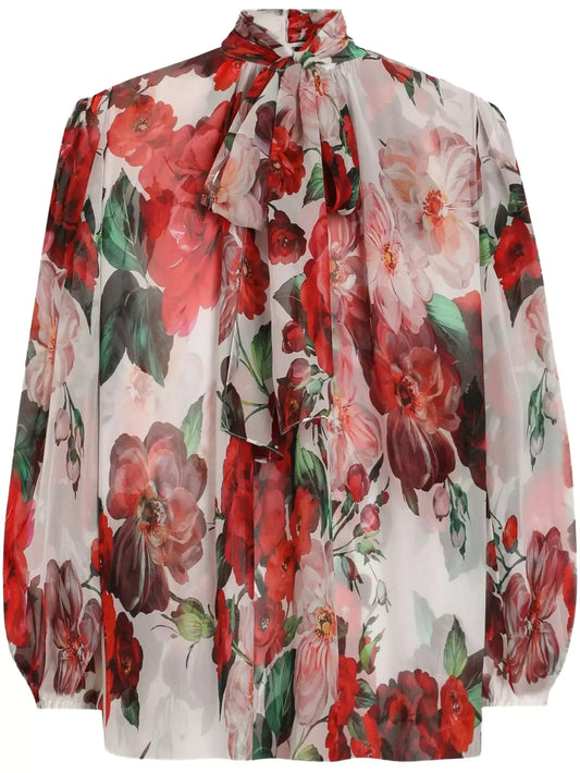 Floral Tie-Neck Silk Blouse - Tops