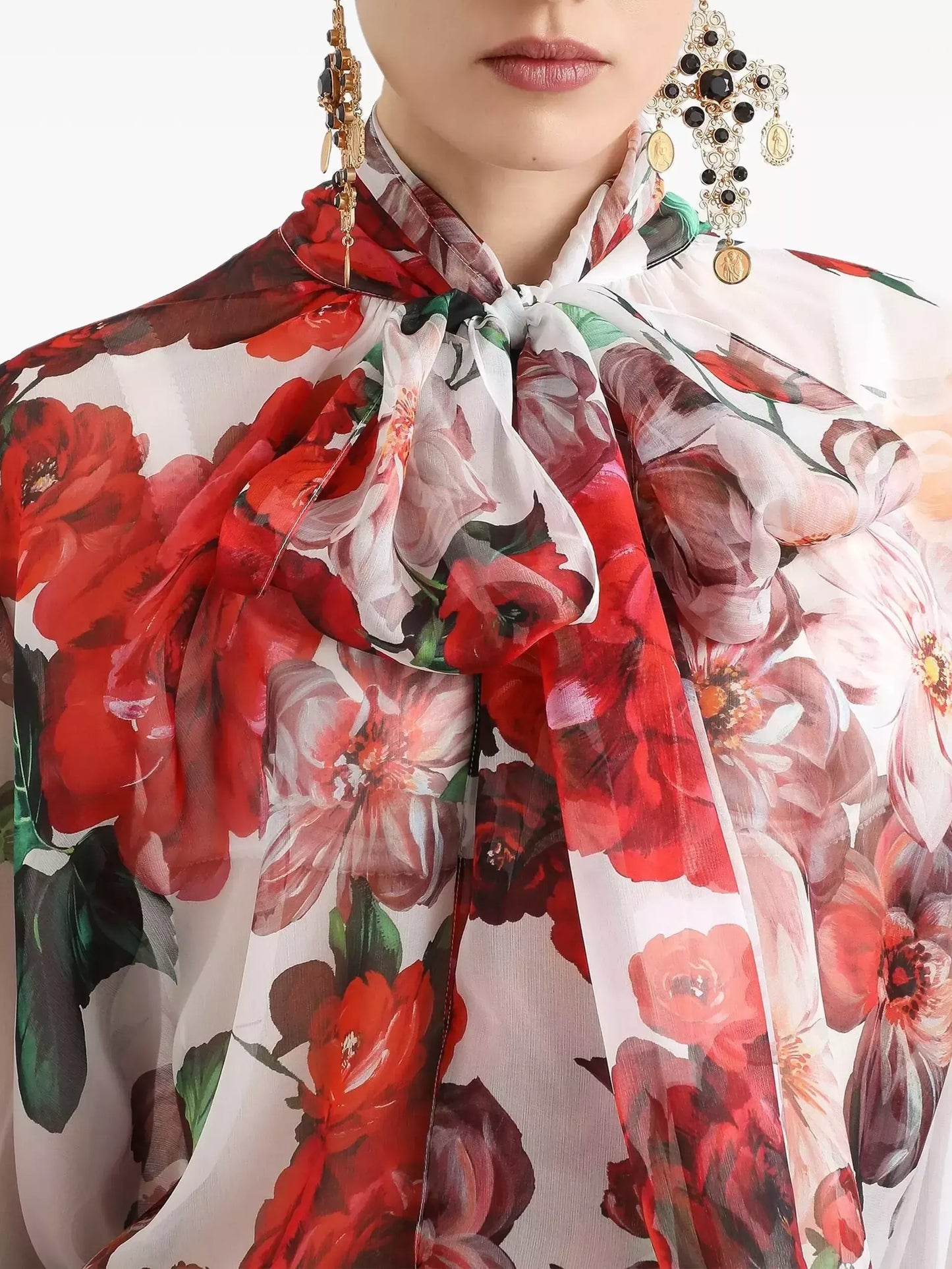 Floral Tie-Neck Silk Blouse - Tops