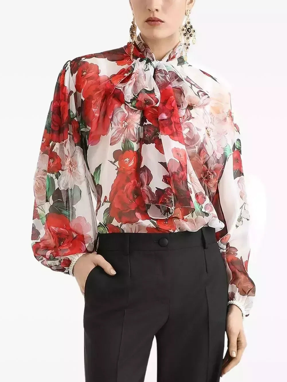 Floral Tie-Neck Silk Blouse - Tops