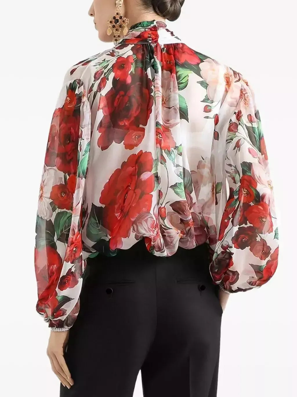 Floral Tie-Neck Silk Blouse - Tops