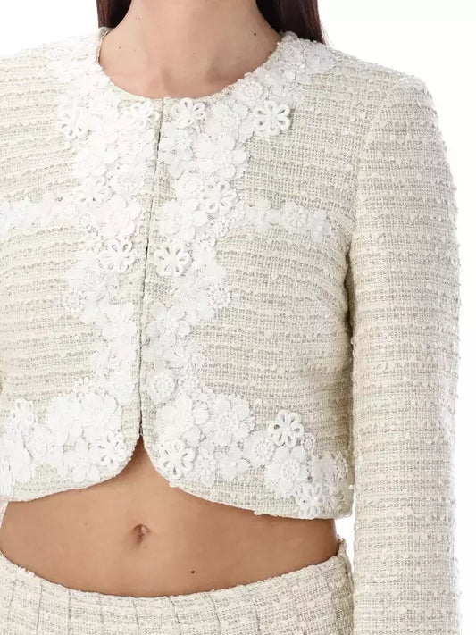 Cropped Floral Trim Boucle Tweed Jacket with floral embellishments and pleated mini skirt
