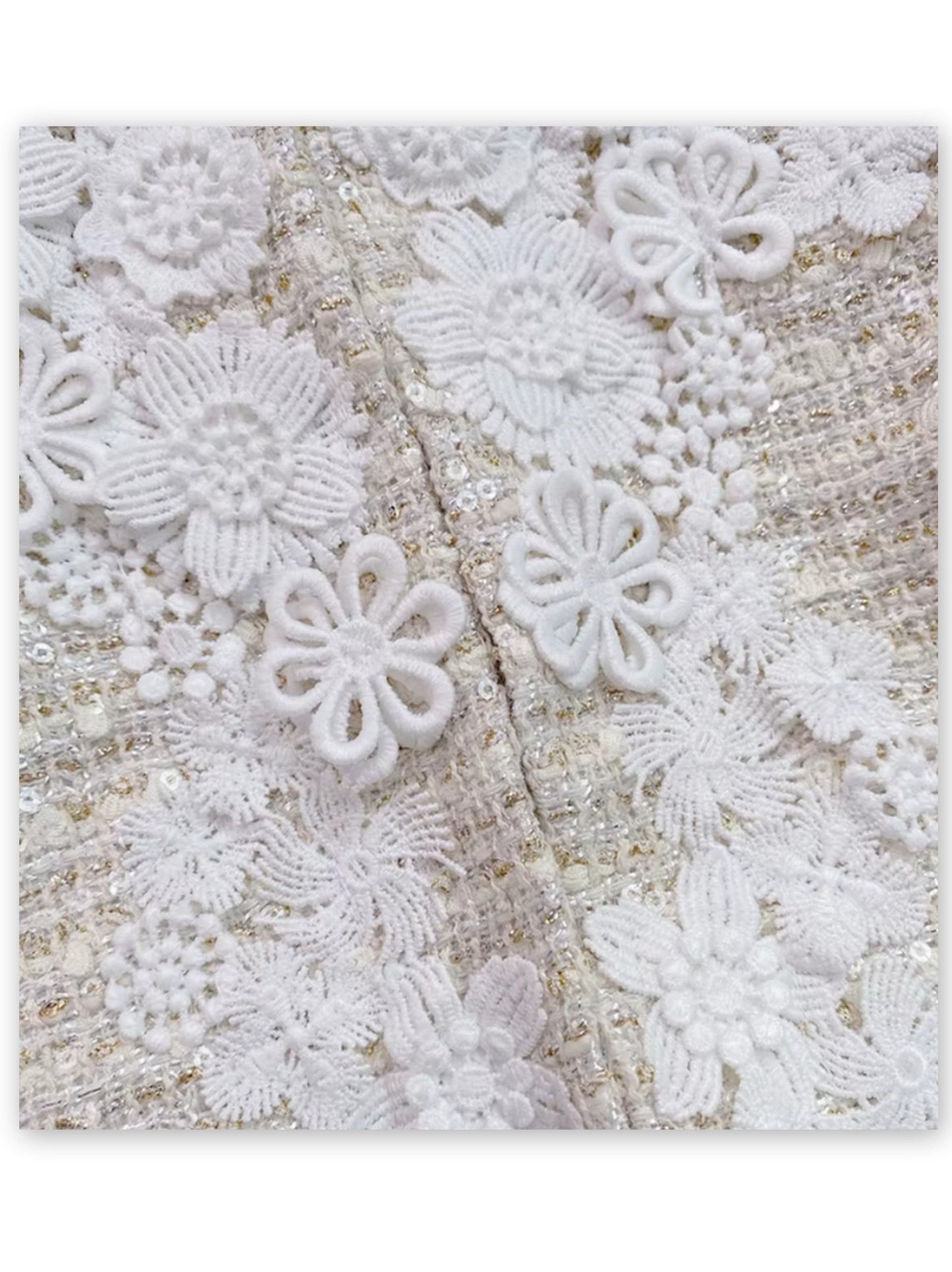 Cropped Floral Trim Boucle Tweed Jacket paired with Pleated Mini Skirt Set