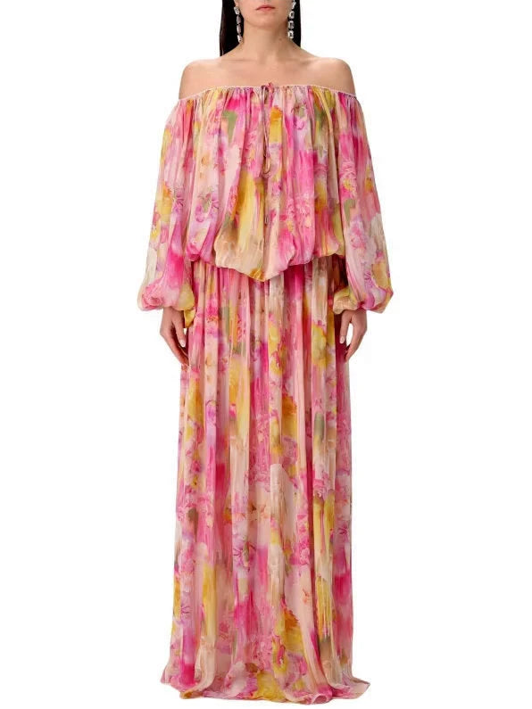 Floral Watercolor Print Off-Shoulder Dress - Dresses