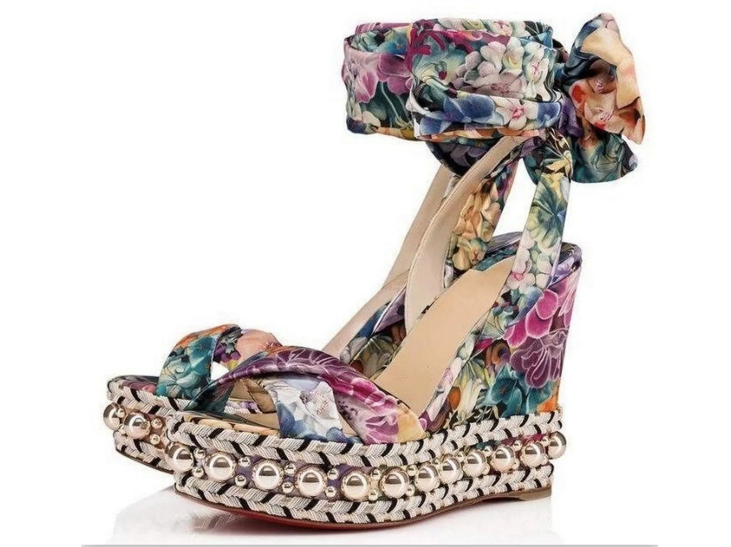 Floral Wrap-Around Wedge Sandals with Bead Embellishments - Footwear