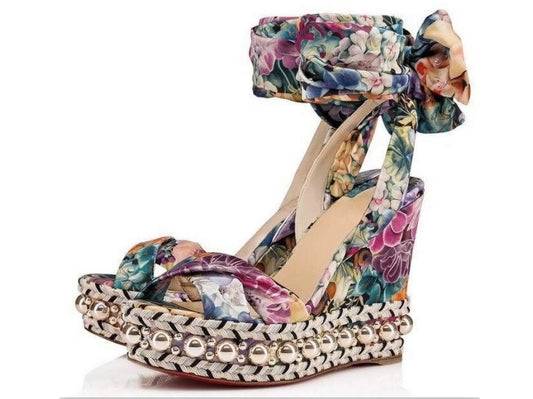 Floral Wrap-Around Wedge Sandals with Bead Embellishments - Footwear