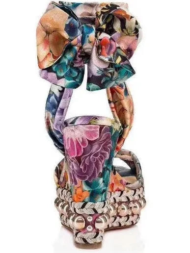Floral Wrap-Around Wedge Sandals with Bead Embellishments - Footwear
