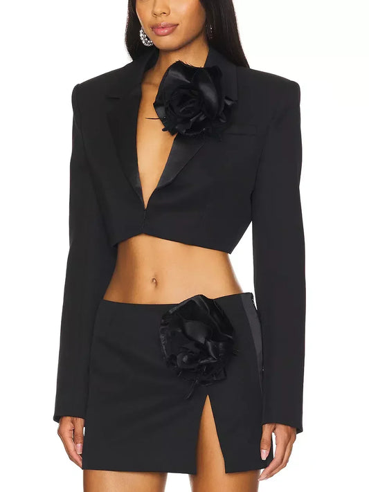 Flower Applique Cropped Jacket and Mini Skirt Set in Black - Suits & Sets