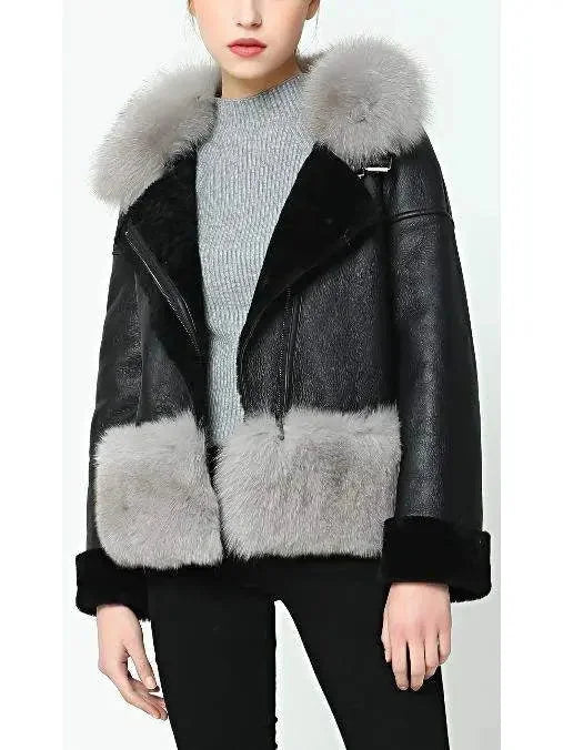 Fox-Fur-Trim Wool Lined Leather Jacket - Jackets