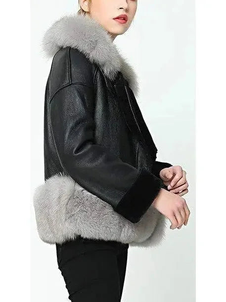 Fox-Fur-Trim Wool Lined Leather Jacket - Jackets