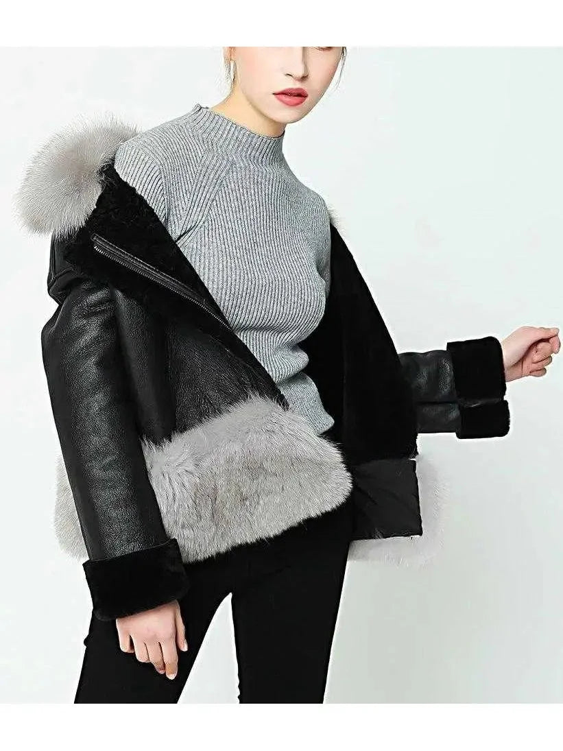 Fox-Fur-Trim Wool Lined Leather Jacket - Jackets