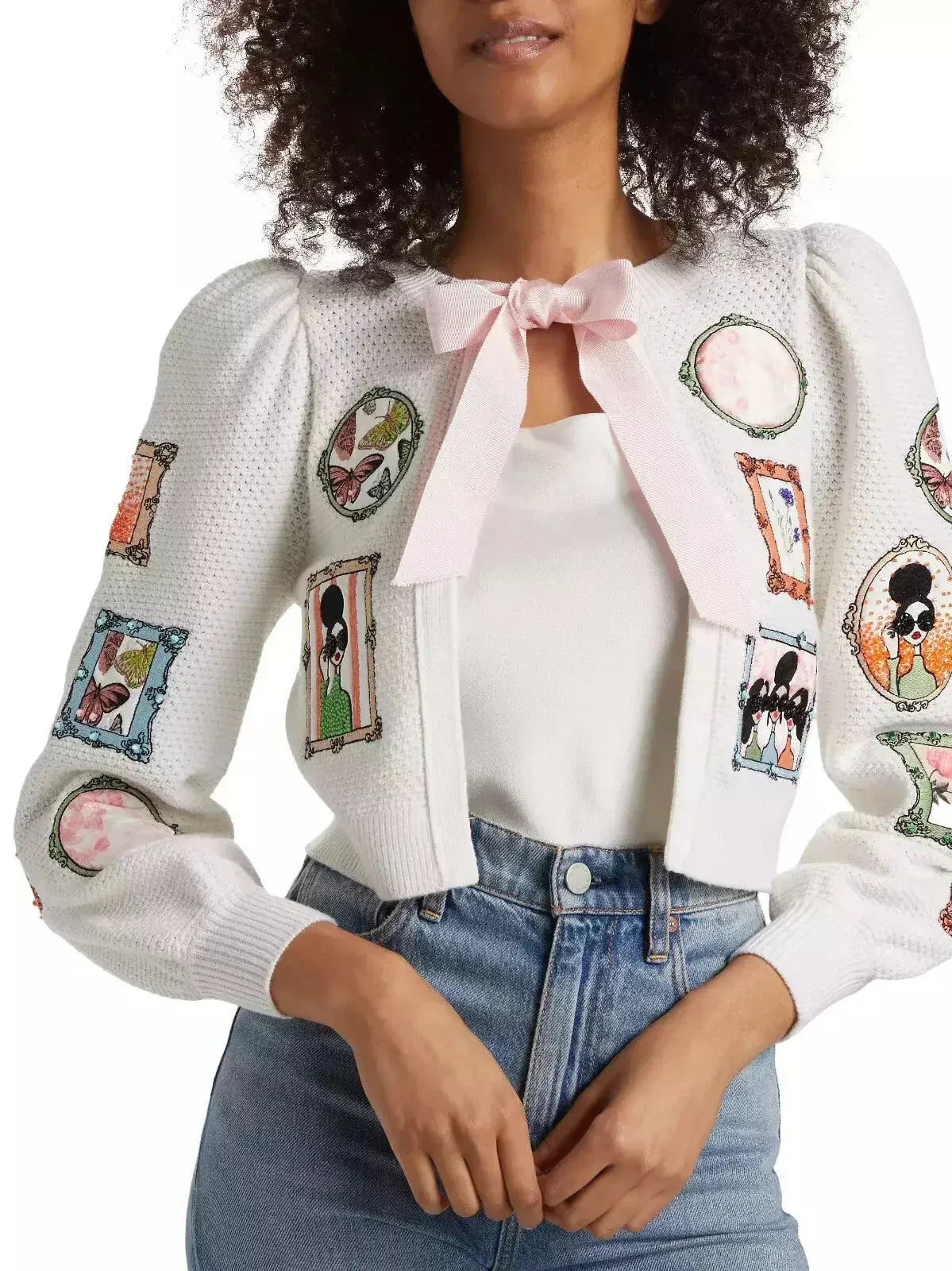 Frame-Embroidered Open-Front Cardigan Sweater with Bow - Sweaters & Knitwear