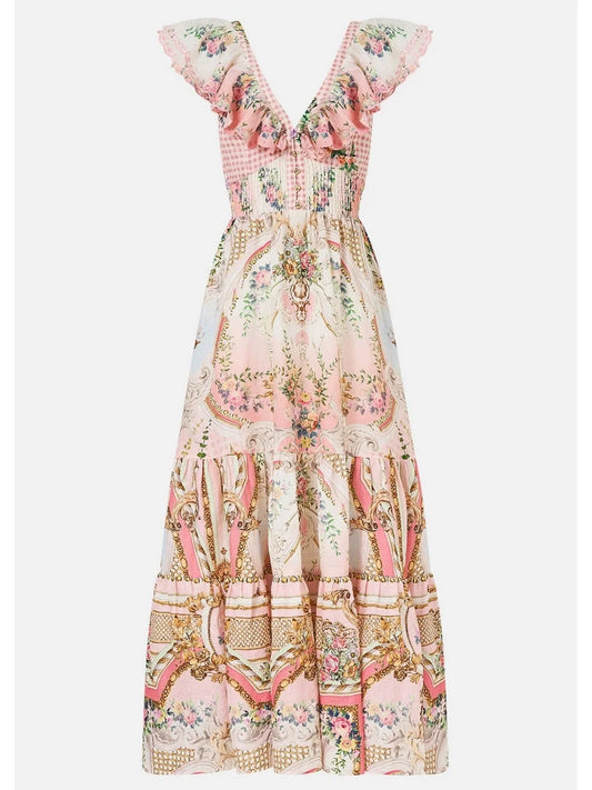 Frilled-Collar Tie-Back Printed Maxi Dress - Dresses