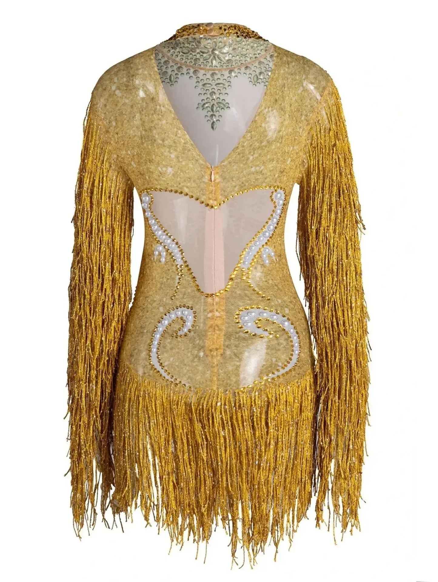 Fringed Bodysuit with Crystals and Pearls - Suits & Sets