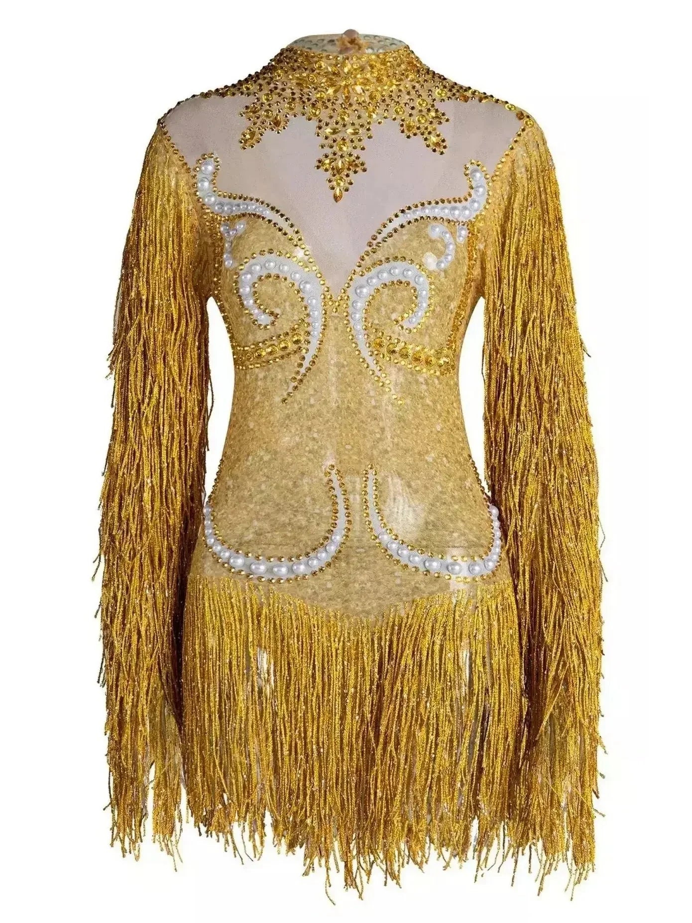 Fringed Bodysuit with Crystals and Pearls - Suits & Sets