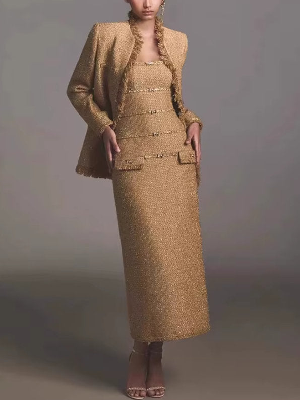 Fringed Gold Tweed Jacket with Sequin Trim - Jackets