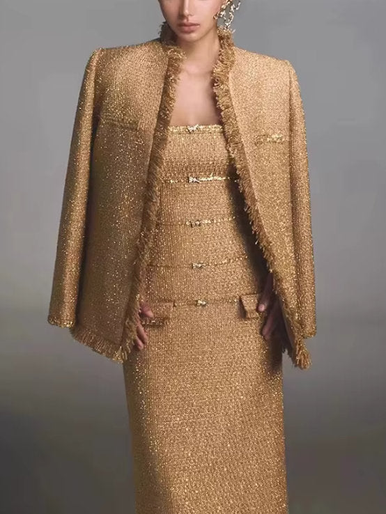 Fringed Gold Tweed Jacket with Sequin Trim - Jackets