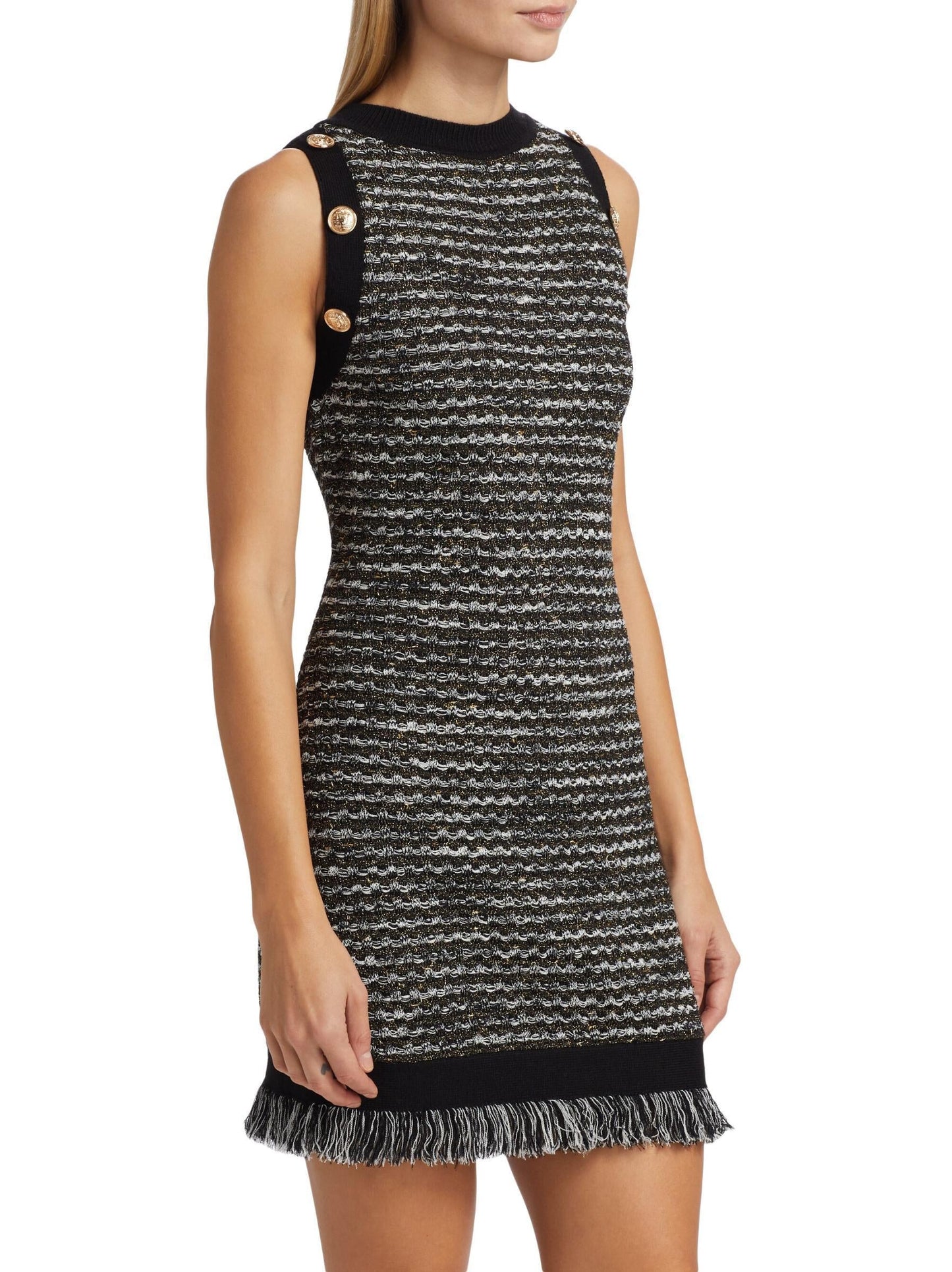 Fringed Knit Tweed Sleeveless Mini Dress - Dresses