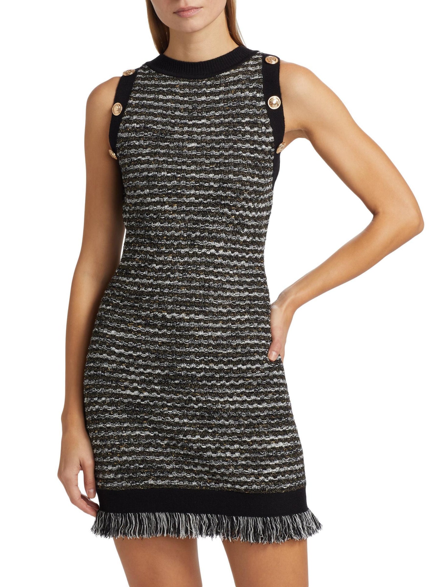 Fringed Knit Tweed Sleeveless Mini Dress - S - Dresses
