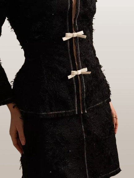 Fringed Off-Shoulder Black Tweed Jacket and Skirt Set - Suits & Sets