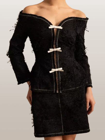 Fringed Off-Shoulder Black Tweed Jacket and Skirt Set - Suits & Sets