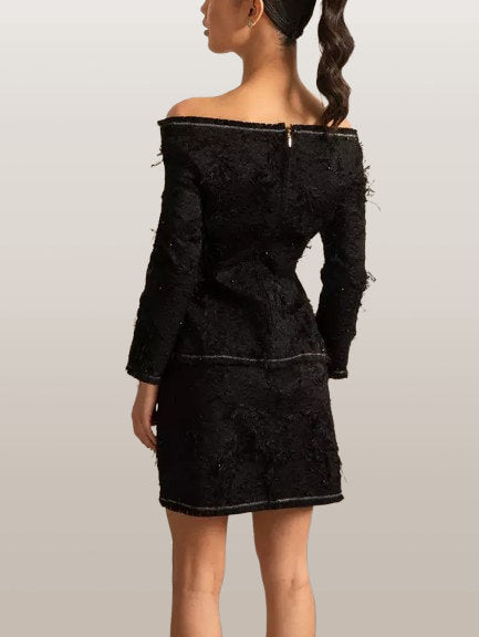 Fringed Off-Shoulder Black Tweed Jacket and Skirt Set - Suits & Sets