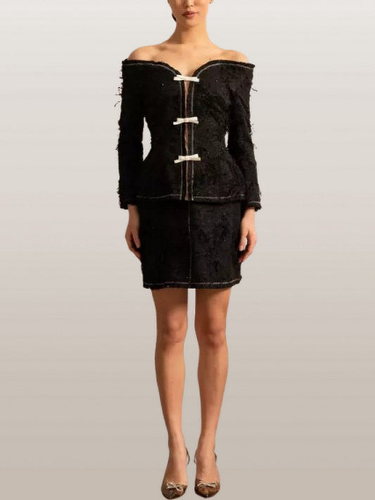 Fringed Off-Shoulder Black Tweed Jacket and Skirt Set - Suits & Sets