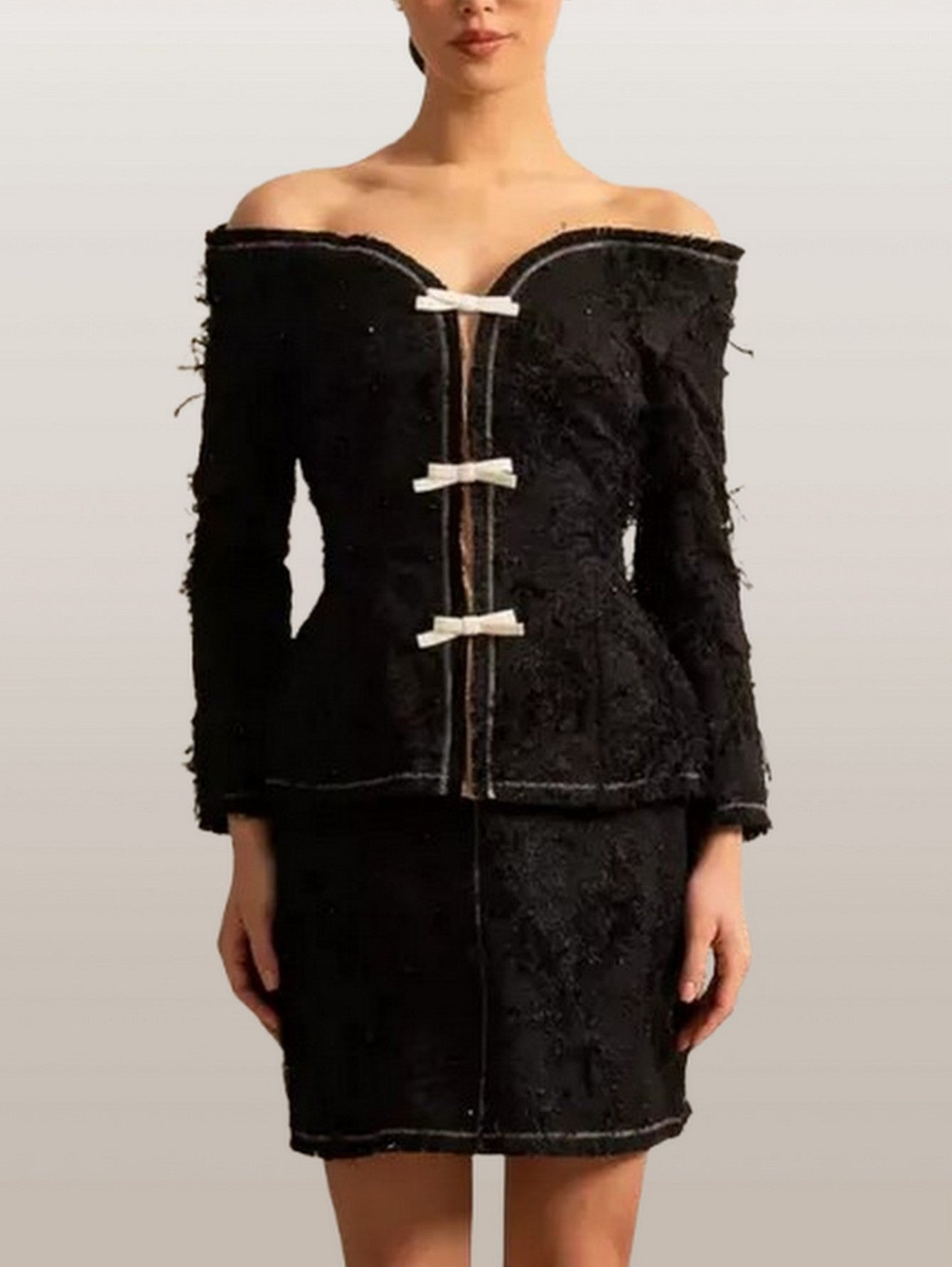 Fringed Off-Shoulder Black Tweed Jacket and Skirt Set - S - Suits & Sets