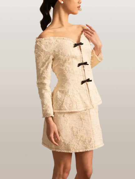Fringed Off-Shoulder Ivory Tweed Jacket and Skirt Set - Suits & Sets